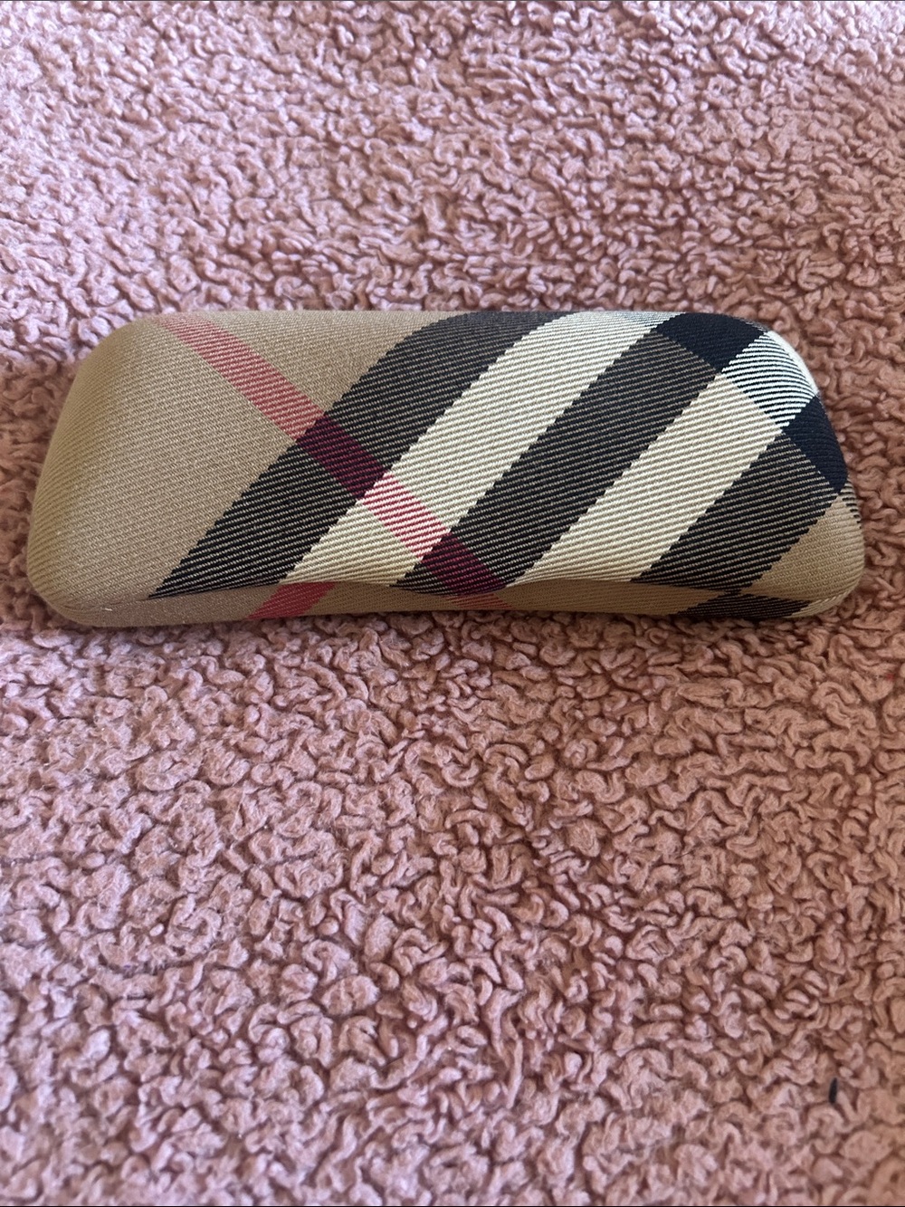 Burberry Tan Plaid Hard Eyeglass Case with Black and Pink Accents